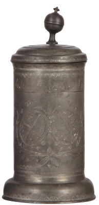 Pewter tankard, 10.3" ht, engraved, Sächischer coat-of-arms, touch marks, lid dated 1793, good condition.