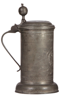 Pewter tankard, 10.3" ht, engraved, Sächischer coat-of-arms, touch marks, lid dated 1793, good condition. - 3