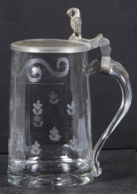 Glass stein, .5L, blown, etched, c.1850, pewter lid, bird thumblift, mint. - 2