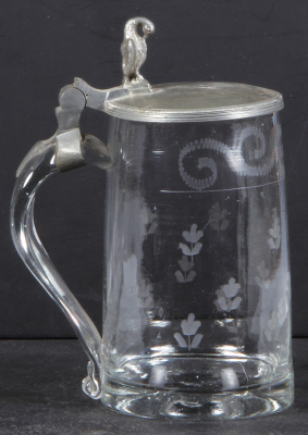 Glass stein, .5L, blown, etched, c.1850, pewter lid, bird thumblift, mint. - 3