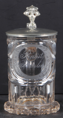 Glass stein, .5L, blown, clear, mid 1800s, faceted, cut, engraved, silver coin in base dated 1845, pewter lid, owner I.D. on base, pin hole on top of hinge to lock closed, rough edge around base.