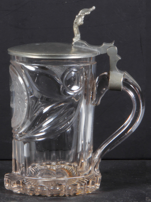 Glass stein, .5L, blown, clear, mid 1800s, faceted, cut, engraved, silver coin in base dated 1845, pewter lid, owner I.D. on base, pin hole on top of hinge to lock closed, rough edge around base. - 2