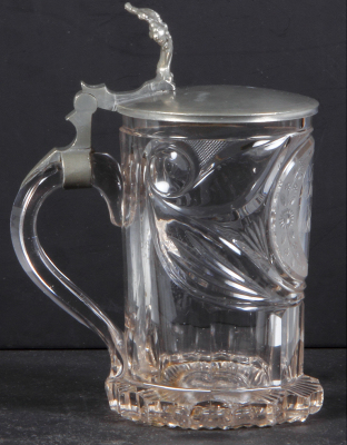 Glass stein, .5L, blown, clear, mid 1800s, faceted, cut, engraved, silver coin in base dated 1845, pewter lid, owner I.D. on base, pin hole on top of hinge to lock closed, rough edge around base. - 3