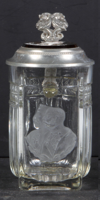 Military stein, .5L, glass, pressed, relief, Wilhelm II & Franz Josef, glass inlaid lid, mint.