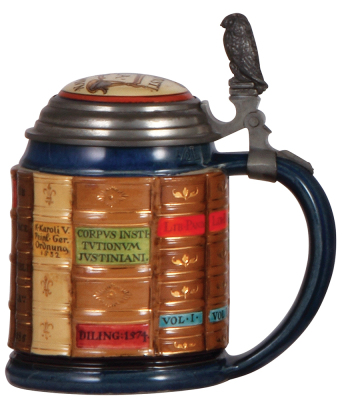 Mettlach stein, .5L, 2001A, decorated relief, Law Book Stein, inlaid lid, mint. - 2