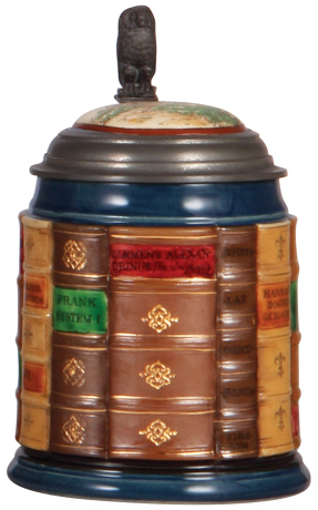 Mettlach stein, .5L, 2001I, decorated relief, Theology Book Stein, inlaid lid, mint.