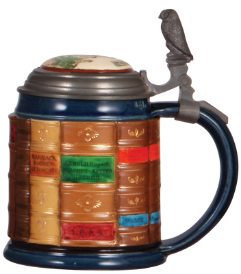 Mettlach stein, .5L, 2001I, decorated relief, Theology Book Stein, inlaid lid, mint. - 2