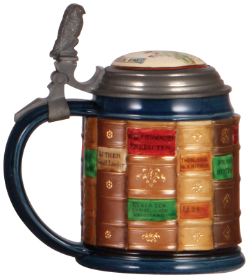 Mettlach stein, .5L, 2001I, decorated relief, Theology Book Stein, inlaid lid, mint. - 3