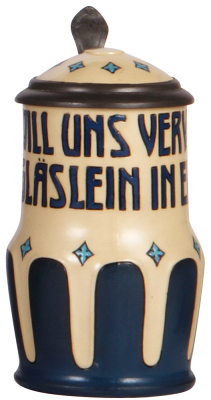 Mettlach stein, .5L, 3239, etched, inlaid lid, chip on handle repaired. 