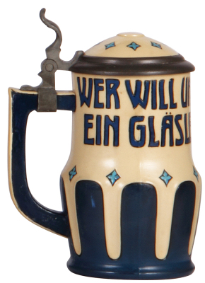Mettlach stein, .5L, 3239, etched, inlaid lid, chip on handle repaired.  - 3