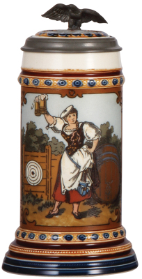 Mettlach stein, .5L, 2235, etched, inlaid lid, music box, .5" line at edge of inlay.