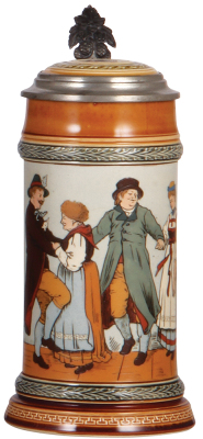 Mettlach stein, .5L, 1656, etched, inlaid lid, mint.