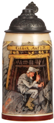 Mettlach stein, .5L, 980 [1909], PUG, Glück Auf, pewter lid, mint.