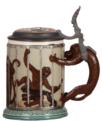 Mettlach stein, .4L, 2106, decorated relief, inlaid lid, Monkeys in a Cage stein, tight 1.2" hairline on inlay.