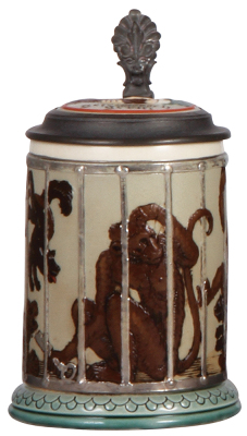 Mettlach stein, .4L, 2106, decorated relief, inlaid lid, Monkeys in a Cage stein, tight 1.2" hairline on inlay. - 2