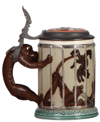 Mettlach stein, .4L, 2106, decorated relief, inlaid lid, Monkeys in a Cage stein, tight 1.2" hairline on inlay. - 3