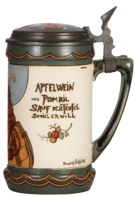 Mettlach stein, .5L, 3093, etched, by H. Schlitt, inlaid lid, mint. - 2