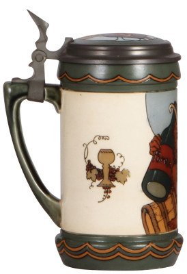 Mettlach stein, .5L, 3093, etched, by H. Schlitt, inlaid lid, mint. - 3