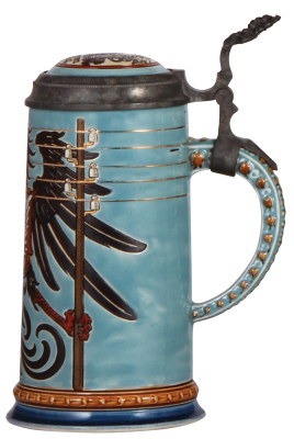 Mettlach stein, .5L, 2075, etched, inlaid lid, small flake on upper rim. - 2