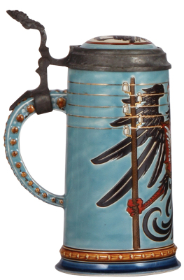 Mettlach stein, .5L, 2075, etched, inlaid lid, small flake on upper rim. - 3