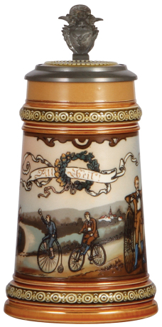 Mettlach stein, .5L, 2190, etched, Bicycle Race, inlaid lid, mint.