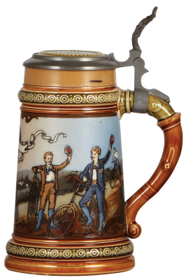 Mettlach stein, .5L, 2190, etched, Bicycle Race, inlaid lid, mint. - 2