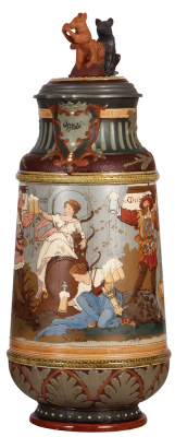 Mettlach stein, 5.2L, 17.7" ht., 2205, etched, inlaid lid, squirrel finial, mint.