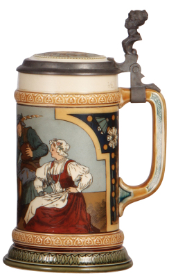 Mettlach stein, .5L, 2441, etched, inlaid lid, some interior glaze browning, otherwise mint. - 2