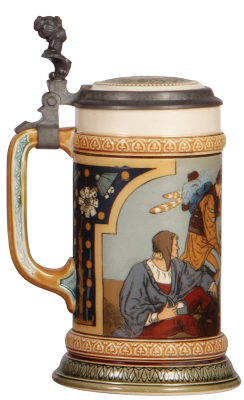 Mettlach stein, .5L, 2441, etched, inlaid lid, some interior glaze browning, otherwise mint. - 3