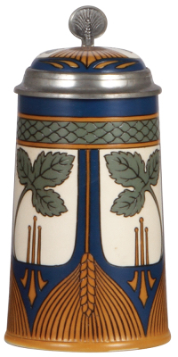 Mettlach stein, .5L, 2935, etched, Art Nouveau, inlaid lid, mint.