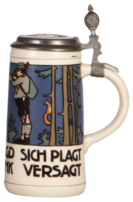 Mettlach stein, .5L, 3171, etched, by L. Hohlwein, inlaid lid, two small flakes on lower band. - 2