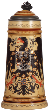 Mettlach stein, 1.0L, 2204, decorated relief, inlaid lid, mint.