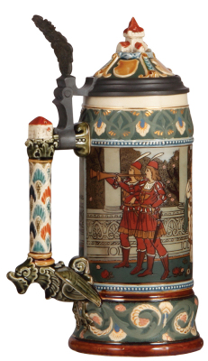 Mettlach stein, 1.0L, 2391, etched, inlaid lid, mint. - 3