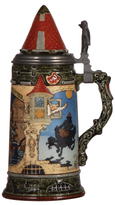 Mettlach stein, 1.0L, 2382, etched, Der durstige Ritter, inlaid lid, by H. Schlitt, some interior glaze browning & tiny glaze flaws. - 2