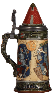 Mettlach stein, 1.0L, 2382, etched, Der durstige Ritter, inlaid lid, by H. Schlitt, some interior glaze browning & tiny glaze flaws. - 3