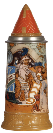 Mettlach stein, 1.0L, 2580, etched, inlaid lid, by H. Schlitt, mint.