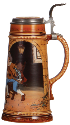 Mettlach stein, 1.0L, 2780, etched, inlaid lid, mint. - 2