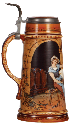 Mettlach stein, 1.0L, 2780, etched, inlaid lid, mint. - 3