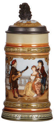 Mettlach stein, 1.0L, 2285, etched, inlaid lid, mint.