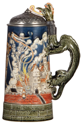 Mettlach stein, 1.0L, 1786, etched & glazed, by Otto Hupp, pewter lid, mint. - 2