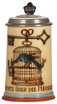 Mettlach stein, .5L, 2074, etched, Bird in a Cage stein, inlaid lid, mint.