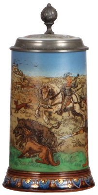 Mettlach stein, .5L, 2083, etched, Boar Hunt, inlaid lid, mint.