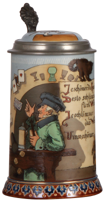 Mettlach stein, 1.0L, 2090, etched, by H. Schlitt, inlaid lid, mint.