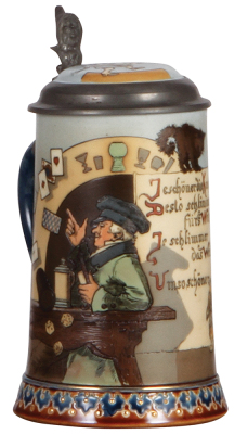 Mettlach stein, .3L, 2090, etched, inlaid lid, by H. Schlitt, mint.