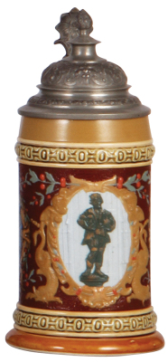 Mettlach stein, .25L, 2276, decorated releif, original pewter lid, mint.