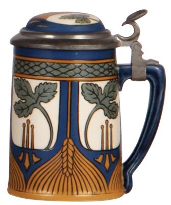 Mettlach stein, .25L, 2935, etched, Art Nouveau, inlaid lid, mint.