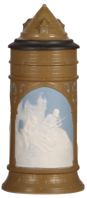 Mettlach stein, .5L, 2479, cameo, castle tower, inlaid lid, chip on side relief band.