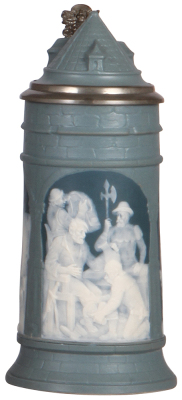 Mettlach stein, .5L, 2652, cameo, by Stahl, castle tower inlaid lid, factory roughness below scene, otherwise mint.