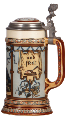 Mettlach stein, .5L, 2766, etched, inlaid lid, mint. - 2
