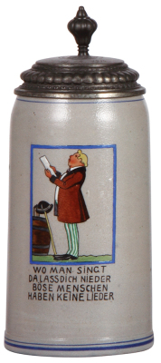 Stoneware stein, 1.0L, transfer & hand-painted, Wo man singt..., by F. Ringer, pewter lid, mint.